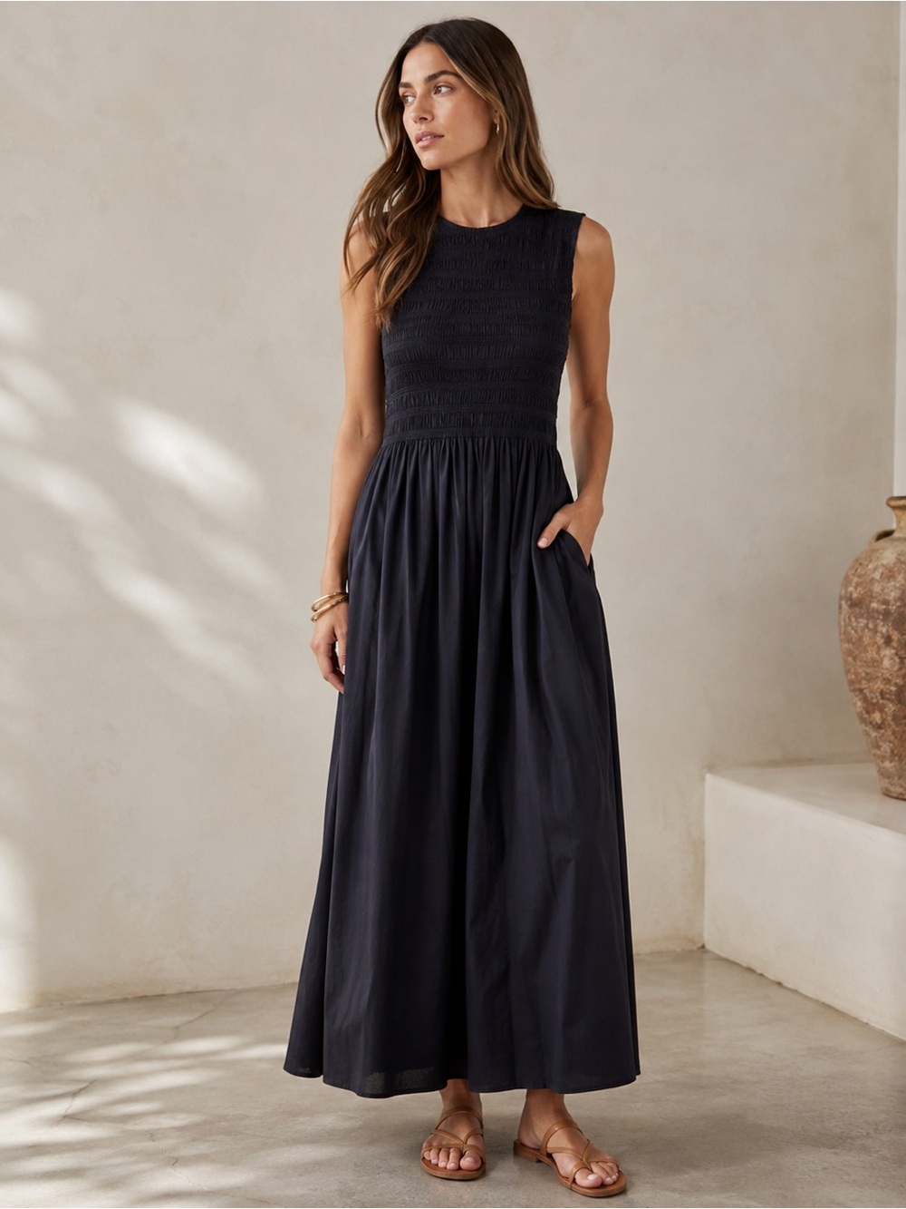 rag & bone /Lane Navy Sleeveless Smocked Cotton Maxi Dress - Sz. M - Picture 2 of 16